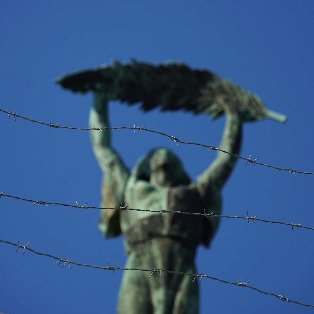 a statue of a man holding a bird behind a barbed wire fence