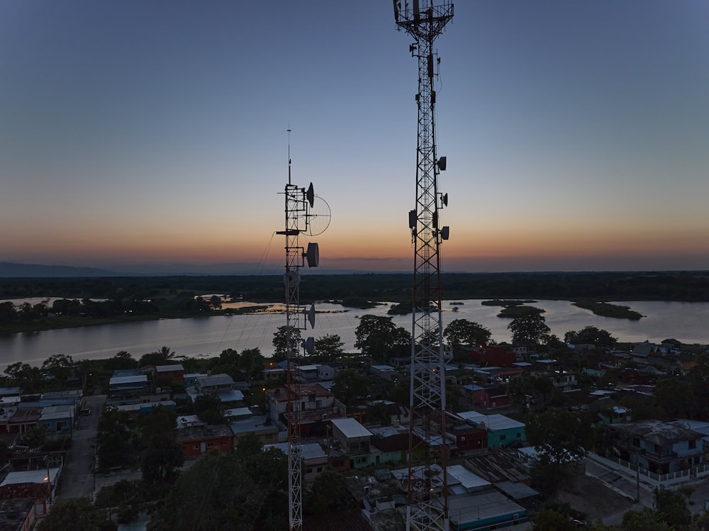 an aerial view of a cell phone tower at sunset