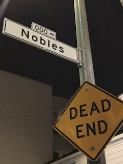 A street sign displaying 'Nobles' with another sign below it indicating 'DEAD END' against a night sky backdrop. The Nobles sign is rectangular and white with black text, while the dead end sign is a yellow diamond with black text. Both signs are mounted on a metal pole.