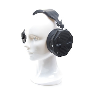 A mannequin head is wearing a set of large, black, octagonal headphones with a textured design and branded with 'Phobos' and 'Erzetich'. The headphones are secured with a thick headband that appears to be made of carbon fiber.