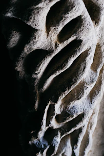 A high-resolution detail of a textured basalt stone surface reflecting soft ambient light