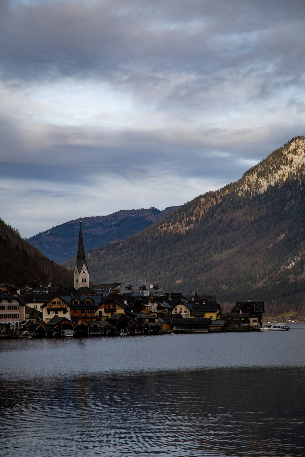 a small town on the shore of a lake