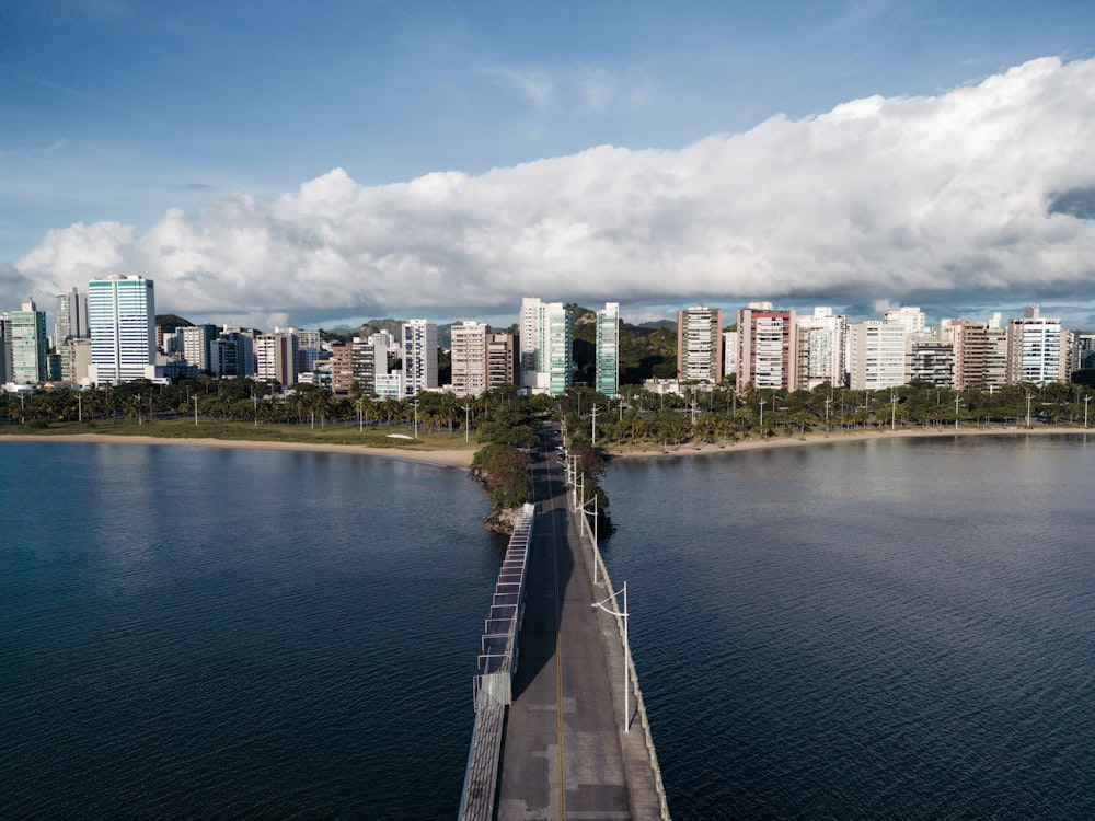 a bridge over a body of water with a city in the background