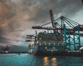 a large cargo ship in a harbor under a cloudy sky