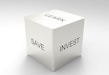 A three-dimensional cube with words on its visible sides, featuring 'LEARN' on the top, 'SAVE' on the left face, and 'INVEST' on the right face. The cube is rendered in a minimalist white and gray color palette, creating a clean and professional look.