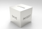 A three-dimensional cube with words on its visible sides, featuring 'LEARN' on the top, 'SAVE' on the left face, and 'INVEST' on the right face. The cube is rendered in a minimalist white and gray color palette, creating a clean and professional look.