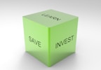 A green 3D cube with the words 'LEARN', 'SAVE', and 'INVEST' on its visible sides, set against a plain white background.