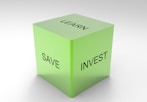 A green 3D cube with the words 'LEARN', 'SAVE', and 'INVEST' on its visible sides, set against a plain white background.