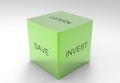 A green 3D cube with the words 'LEARN', 'SAVE', and 'INVEST' on its visible sides, set against a plain white background.