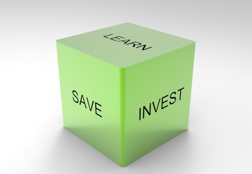 A green 3D cube with the words 'LEARN', 'SAVE', and 'INVEST' on its visible sides, set against a plain white background.