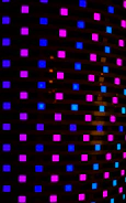 A vibrant neon checkerboard with alternating bright orange and cyan squares.