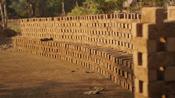 A large stack of neatly arranged brown bricks sits outdoors on a dirt surface, with dense, green foliage in the background. The scene appears to be illuminated by warm, natural sunlight, suggesting it is either morning or late afternoon.