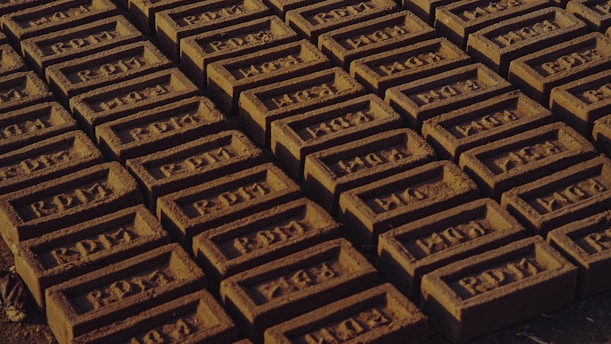 A series of brown bricks are neatly arranged in rows, with 'RDT' imprinted on each one. The setting appears to be outdoors on a dirt surface.