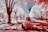 A serene cemetery scene with tall trees lining a path, their leaves and branches creating a canopy above. The ground is covered with neatly arranged plants and gravestones. The image is in infrared, giving it an otherworldly appearance with red and white hues dominating.