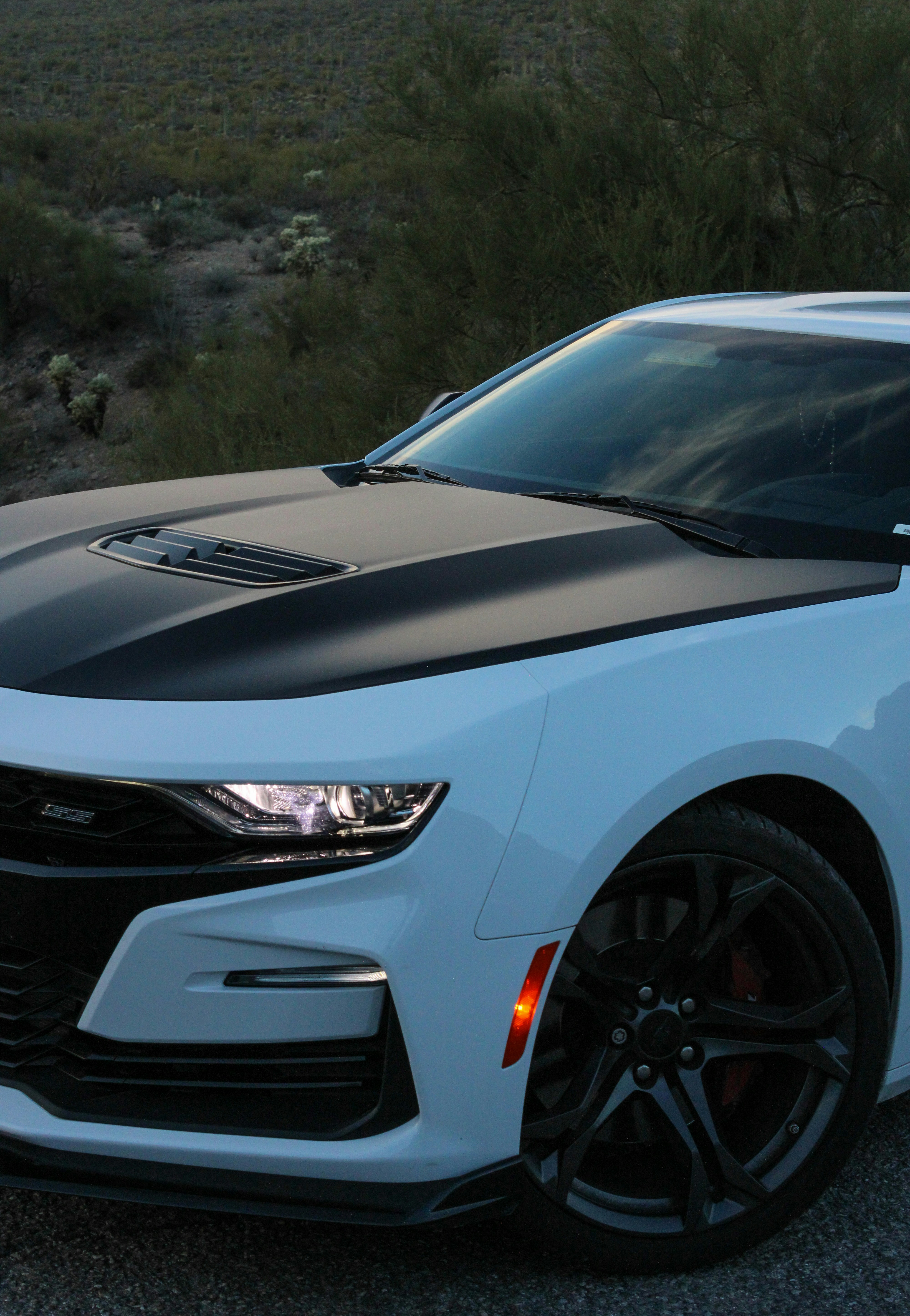 a white car with a black hood parked on the side of the road