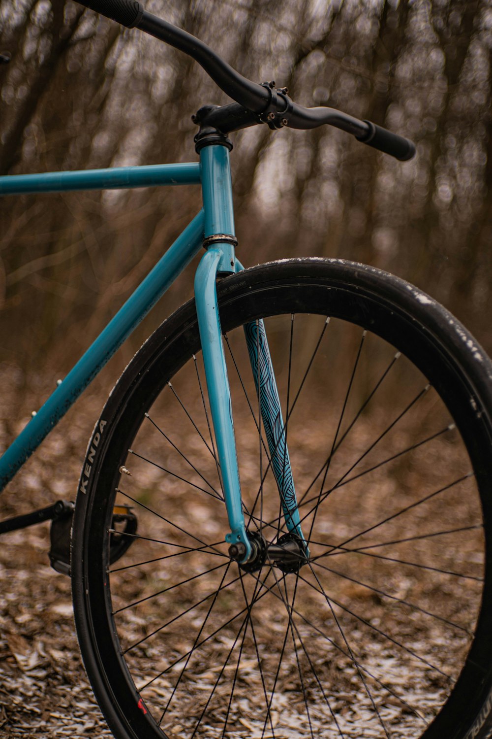 a blue bike parked in a wooded area