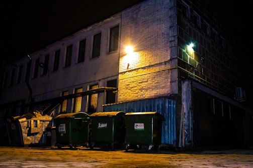 A nighttime shot of a dumpster with the city lights of Los Angeles in the background.