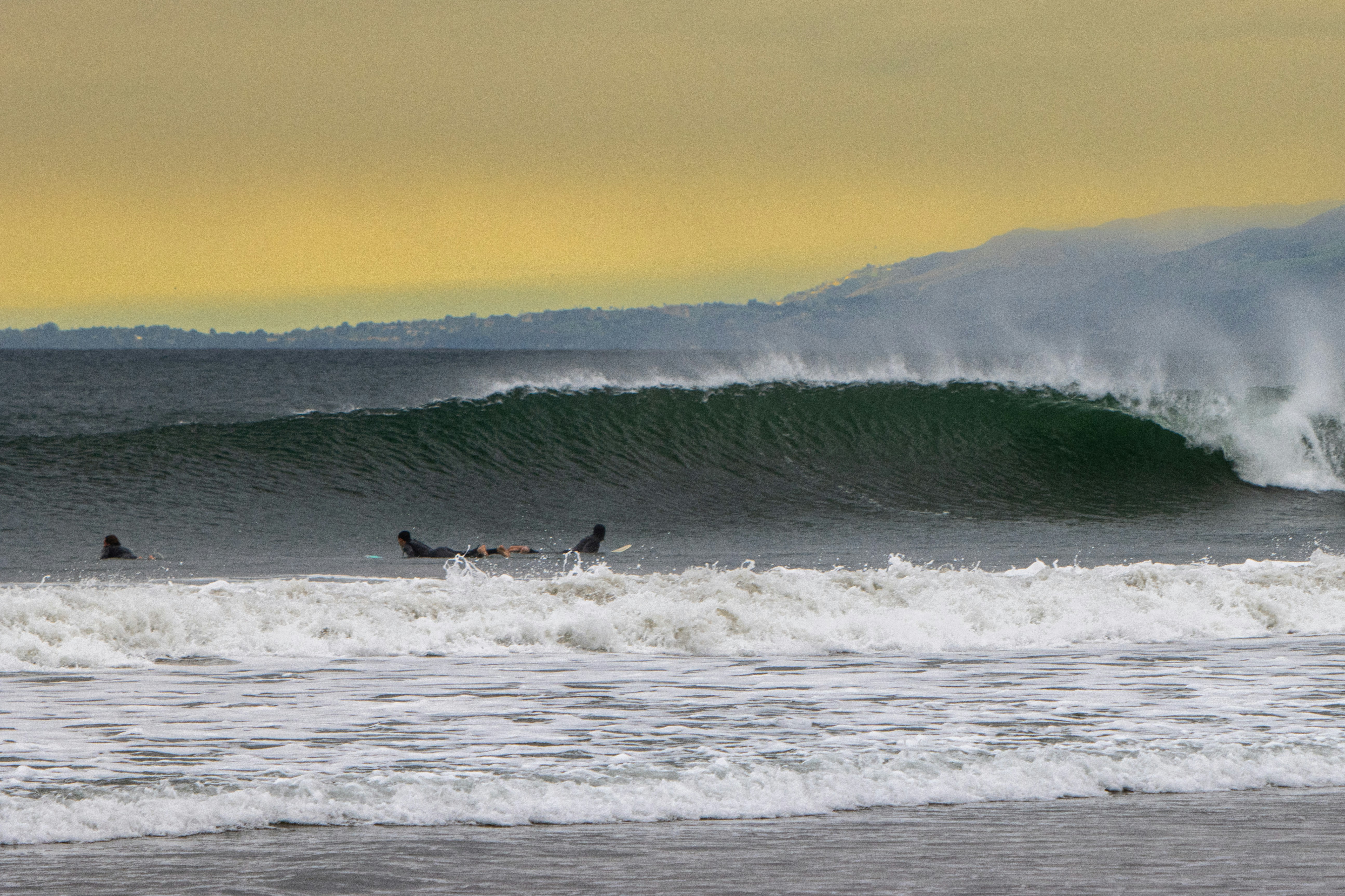 Eine Gruppe von Menschen, die Wellen auf Surfbrettern reiten