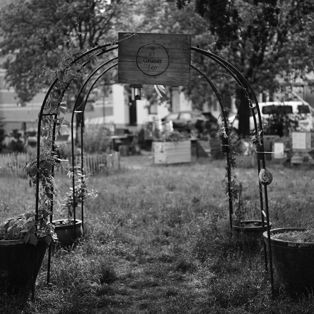 a black and white photo of a garden arch