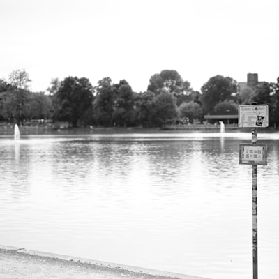 A lakeside view features calm water with two fountains in the distance. Lush trees line the far side, and in the foreground, a signpost stands with various notices affixed to it.