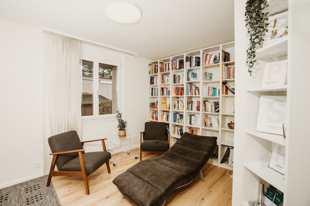 a living room filled with furniture and a book shelf