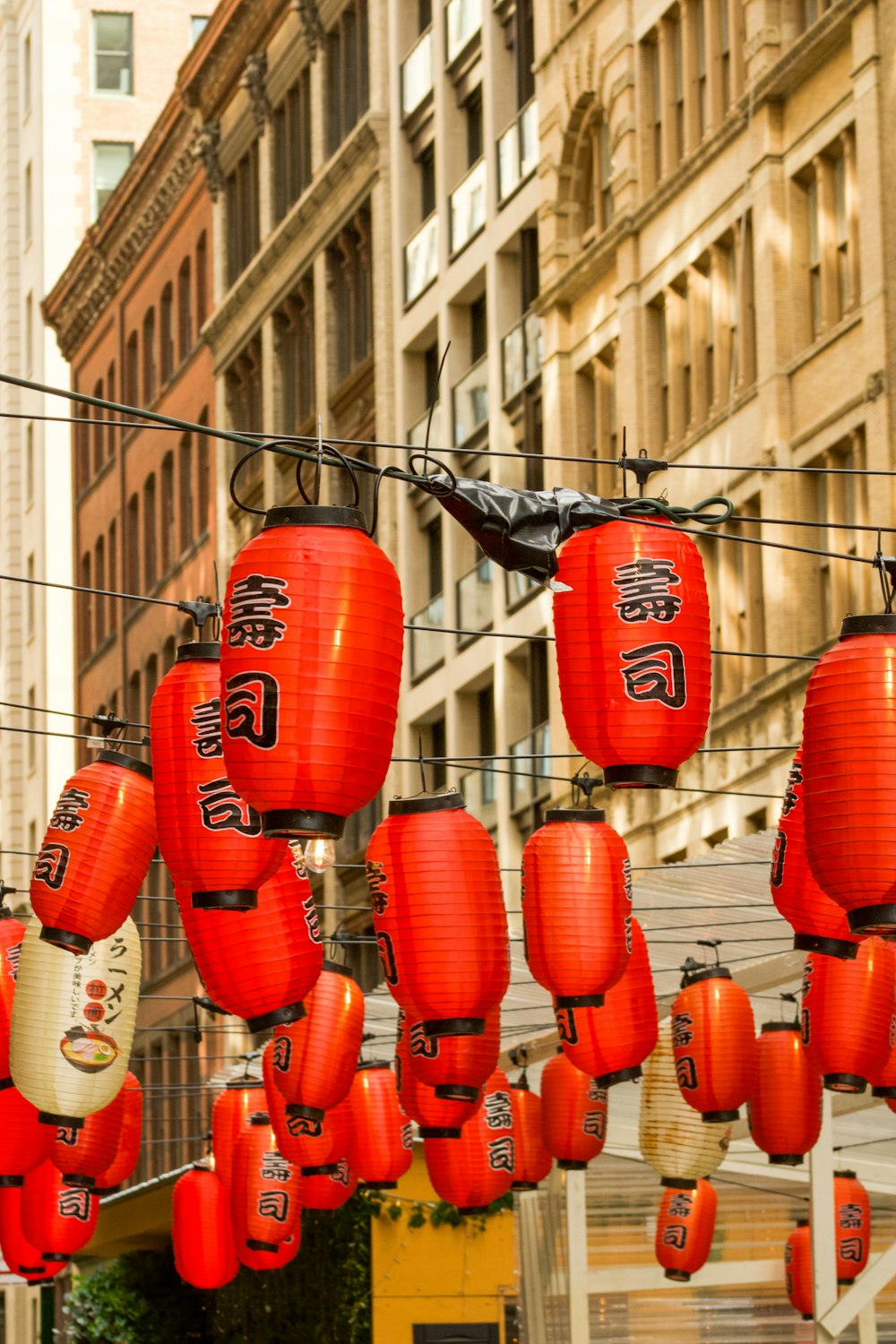 a bunch of red lanterns hanging from a wire