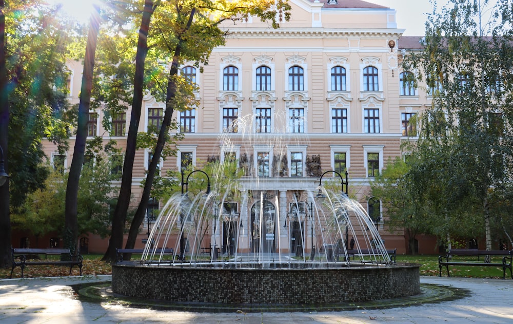 a large building with a fountain in front of it