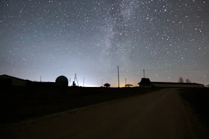 Starry night sky with the Milky Way visible above a quiet rural landscape