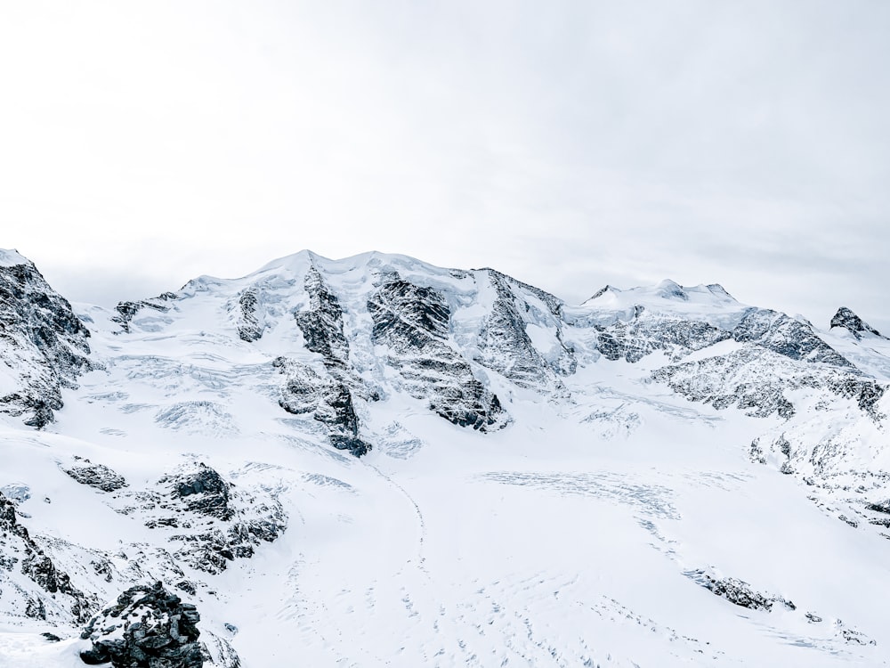 a mountain covered in snow with a sky background