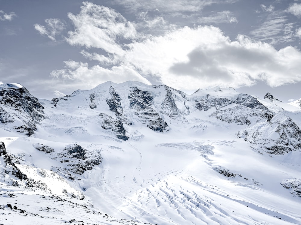 a mountain covered in snow under a cloudy sky