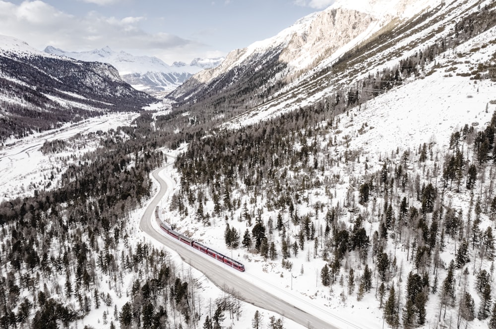 a train traveling through a snow covered forest