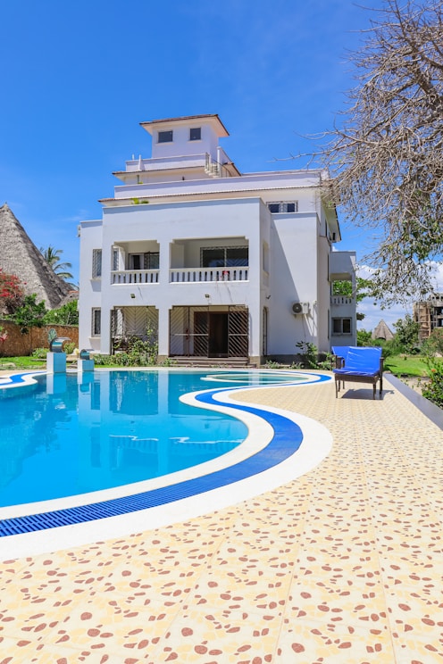 a house with a swimming pool in front of it