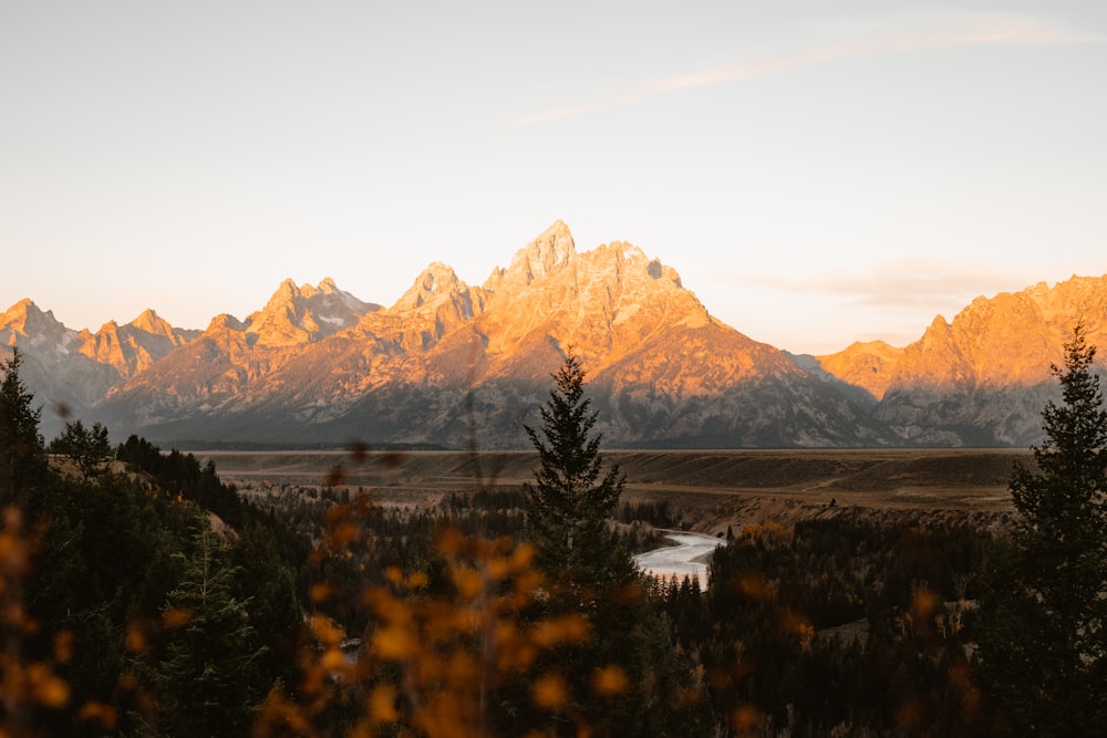 a view of a mountain range with a river in the foreground