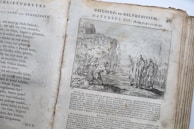 An opened old book with text written in Dutch on the left page and an illustration on the right page. The illustration depicts a biblical scene from the Gospel of Matthew with a group of people near a cliff, featuring a central figure gesturing towards others, possibly Jesus and followers. The text surrounding the illustration includes references to Matthew VIII: 28-34.