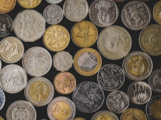 A collection of various coins from different countries is laid out on a dark surface. The coins are of different sizes, shapes, and colors, including silver, gold, and bronze hues. Each coin features unique designs, patterns, and text, indicating their country of origin and denomination.