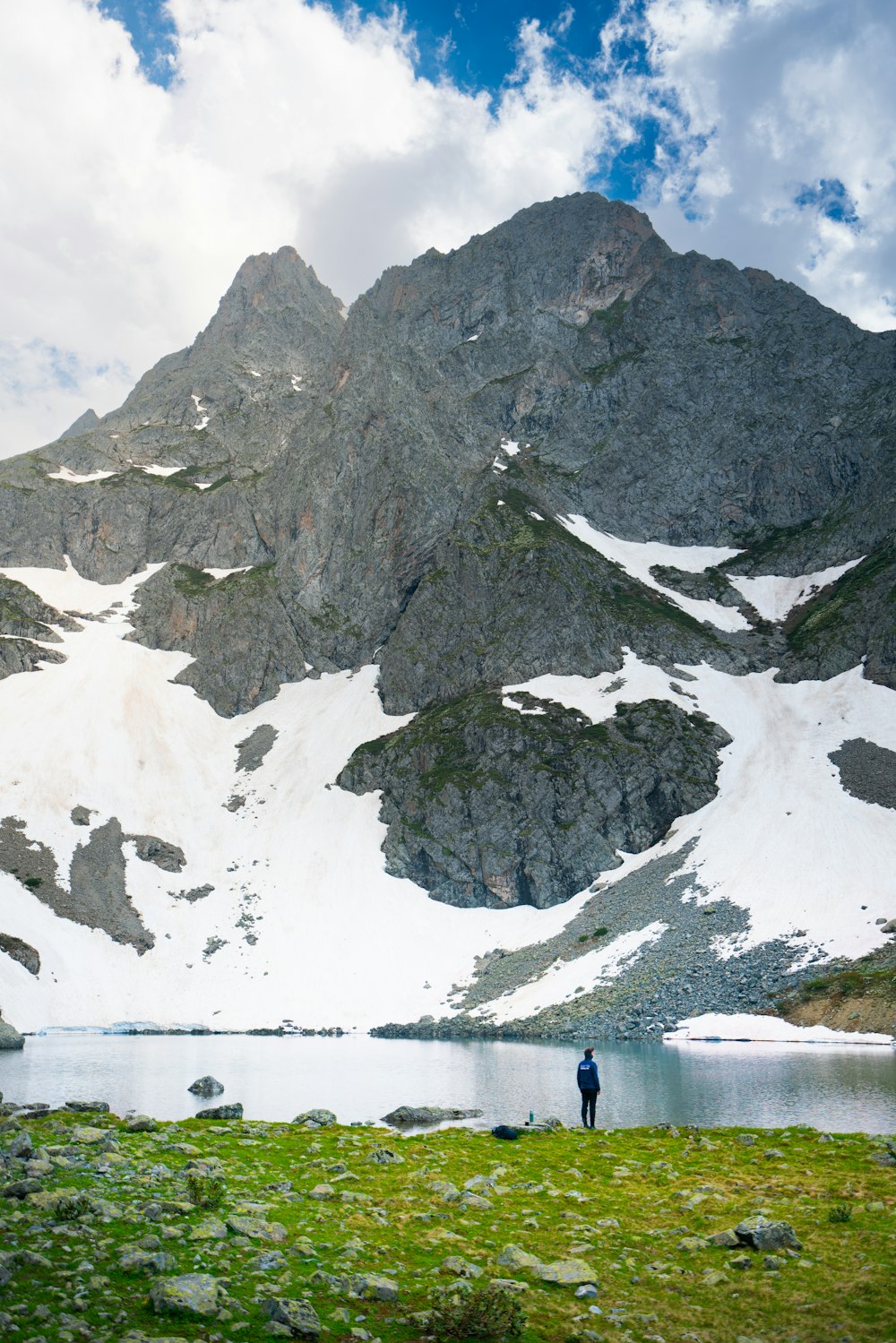 a man standing in front of a mountain lake