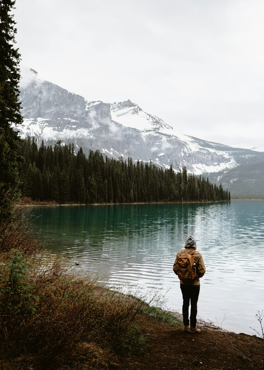 a person standing on a shore of a lake