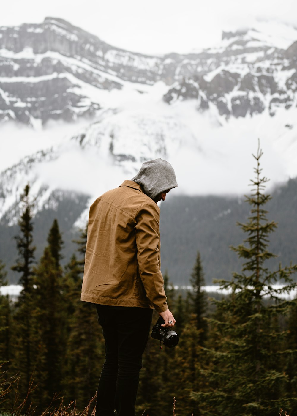 a man standing in a field with a mountain in the background