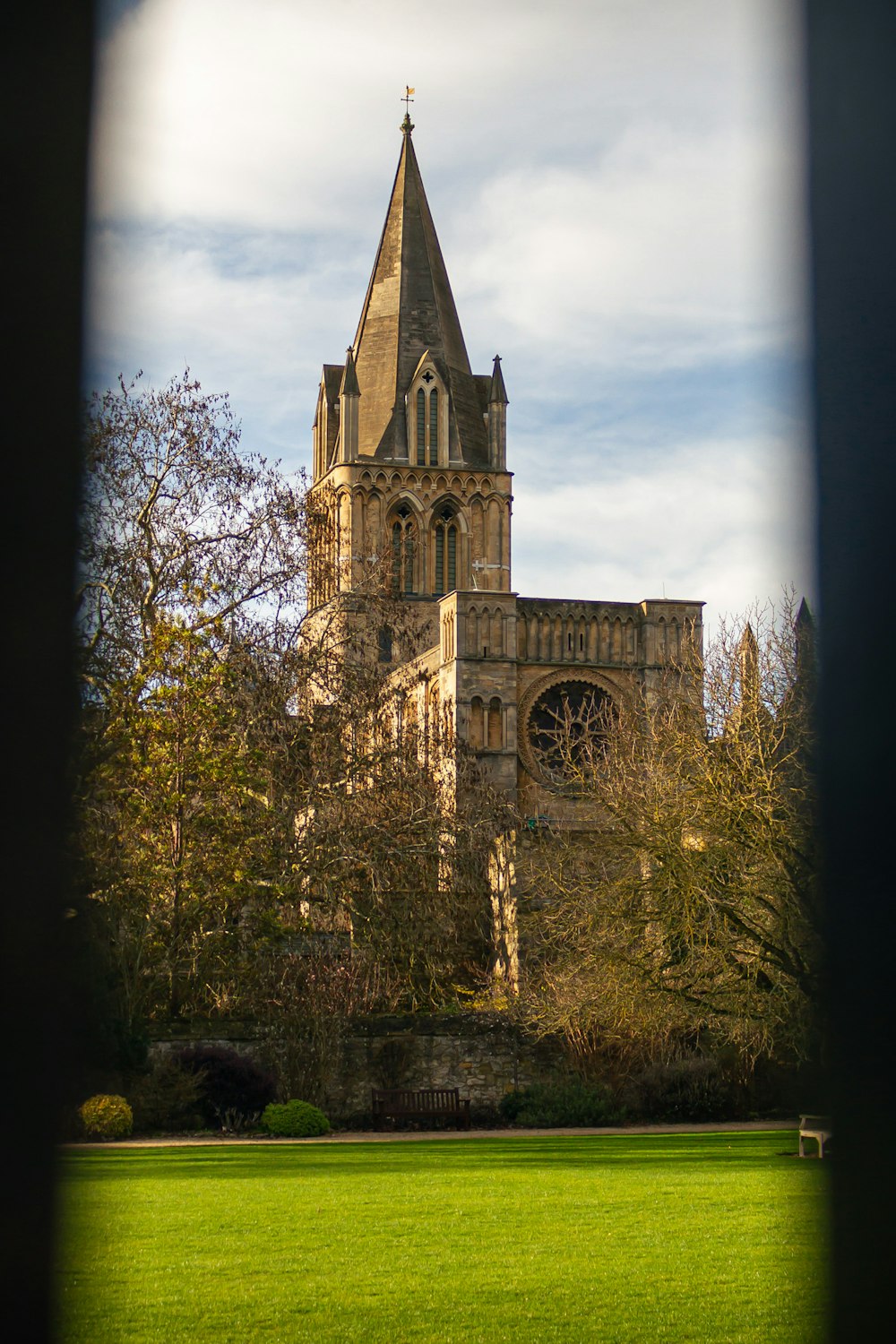 a view of a church through a window