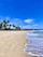 A pristine beach extends along the shoreline with gentle waves lapping at the sand. Tall palm trees sway in the breeze under a bright blue sky with scattered clouds. The warm sun casts a natural glow over the tranquil scene, adding to the peaceful ambiance.