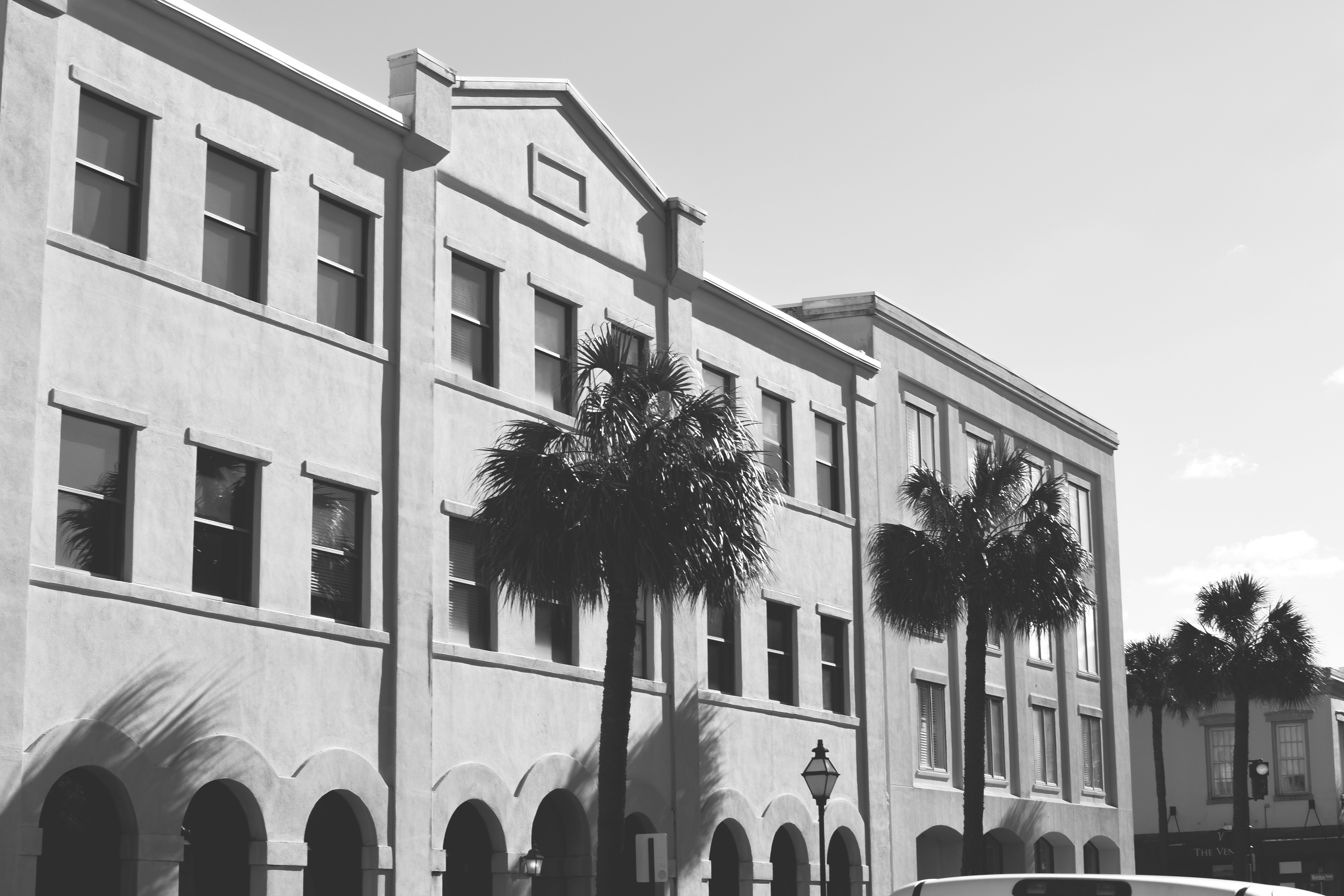 a black and white photo of a building with palm trees
