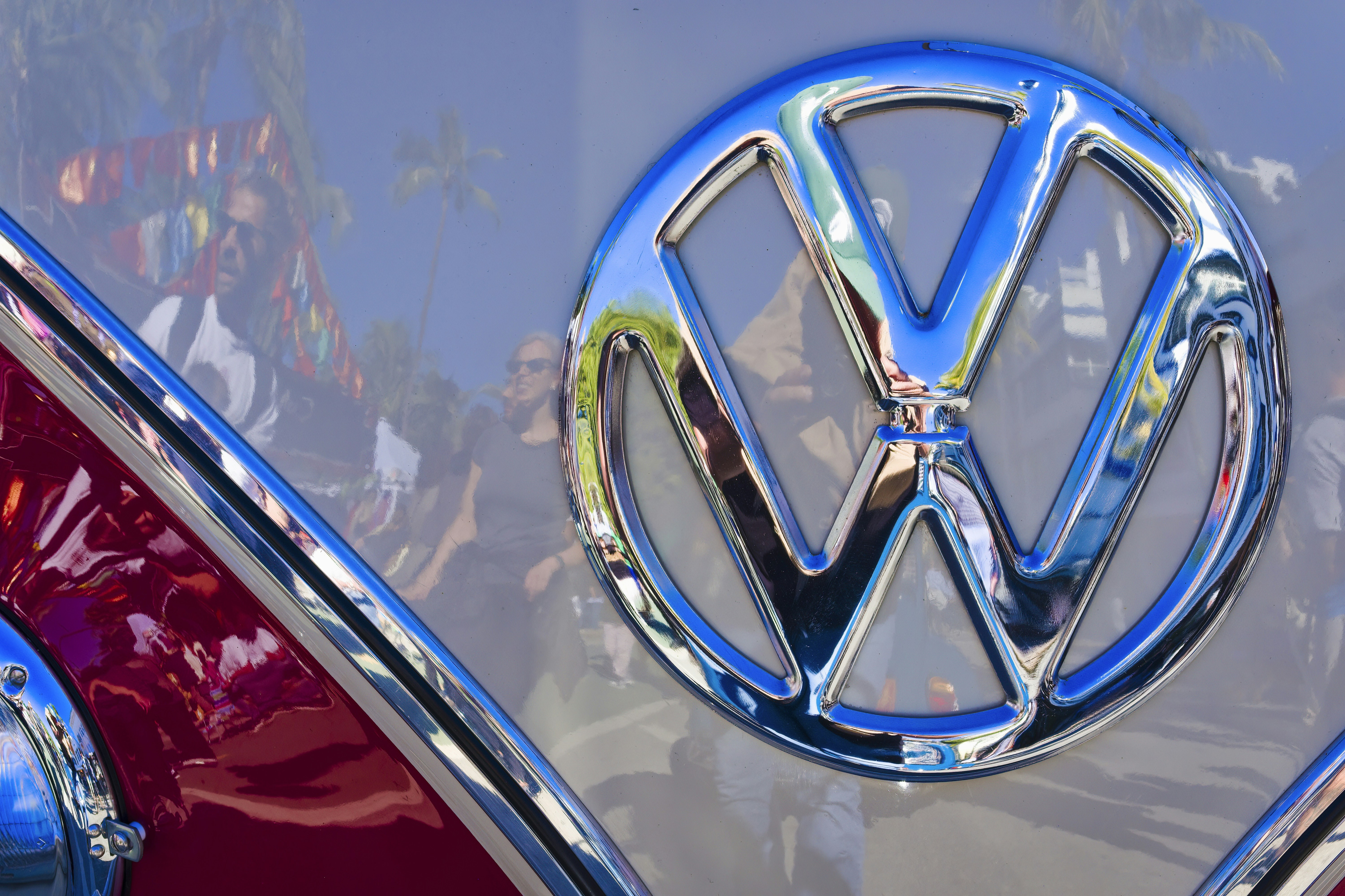 a close up of a vw emblem on a car