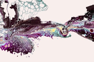 An abstract liquid art piece with dynamic swirling patterns. The flow contains a mix of dark and bright colors, creating a marbled effect with cells and bubbles forming unique textures. The composition feels fluid and organic, with intricate details and a harmonious blend of colors.