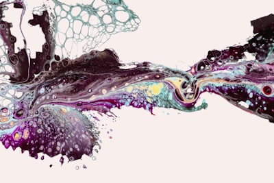 An abstract liquid art piece with dynamic swirling patterns. The flow contains a mix of dark and bright colors, creating a marbled effect with cells and bubbles forming unique textures. The composition feels fluid and organic, with intricate details and a harmonious blend of colors.