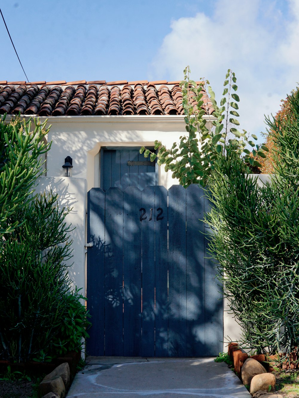 a house with a blue door and a red roof