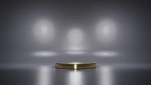 A sleek product launch event stage featuring modern minimalistic design and a large digital screen.