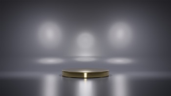 A metallic platform is centered in a minimalistic setting with a reflective surface. Soft, diffused lighting creates circular patterns on the background wall, enhancing the focus on the central stage. The ambiance is sleek and modern, with a hint of elegance.