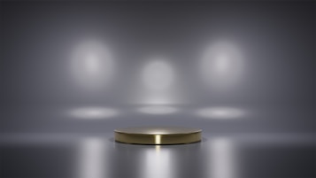 A metallic platform is centered in a minimalistic setting with a reflective surface. Soft, diffused lighting creates circular patterns on the background wall, enhancing the focus on the central stage. The ambiance is sleek and modern, with a hint of elegance.