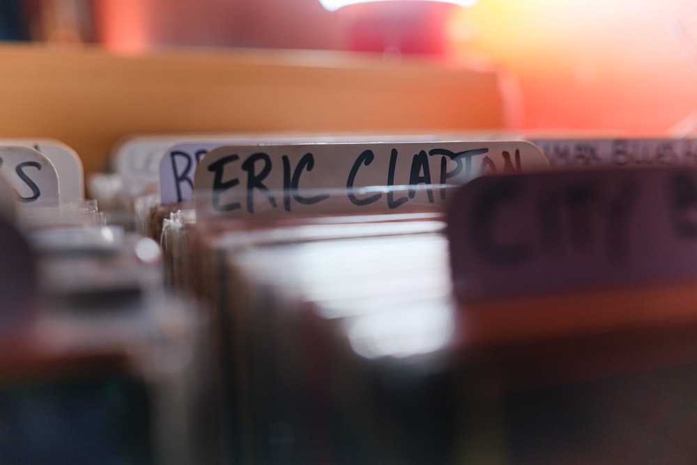 a close up of a bunch of labels on a table