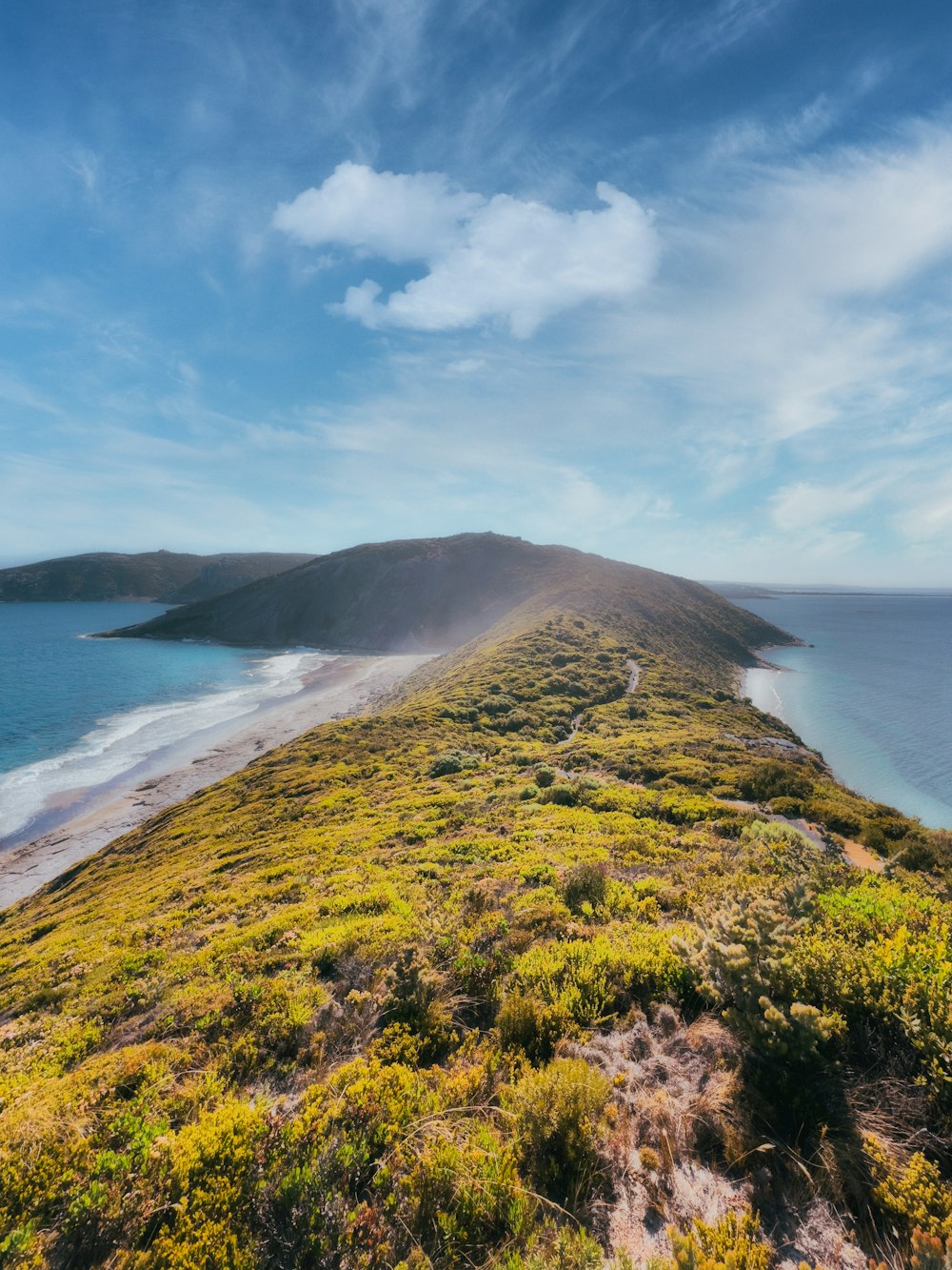 a grassy hill with a body of water in the background